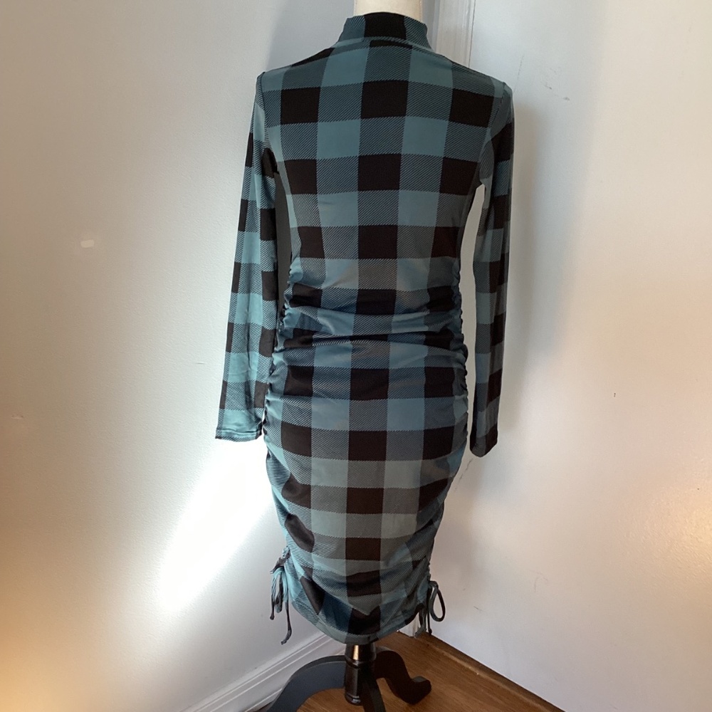 NWOT HELLO MIZ MATERNTY SMALL MIDI DRESS MOCKNECL PLAID TEAL BLACK - Picture 5 of 11